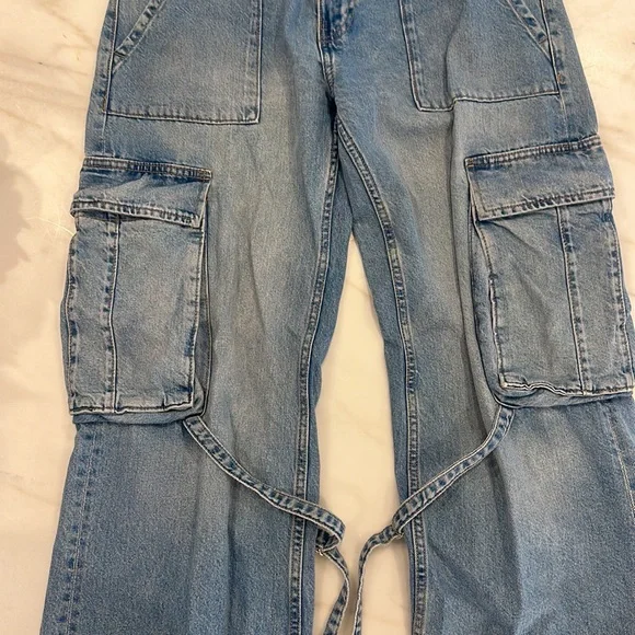 ZARA women’s size 8 wide leg cargo style blue jeans boyfriend - Picture 4 of 10